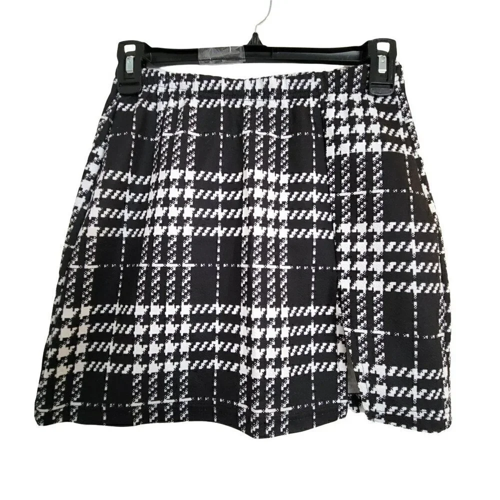 Shein Black and White Checkered Striped Plaid Elastic Waist Pull On Mini Skirt S